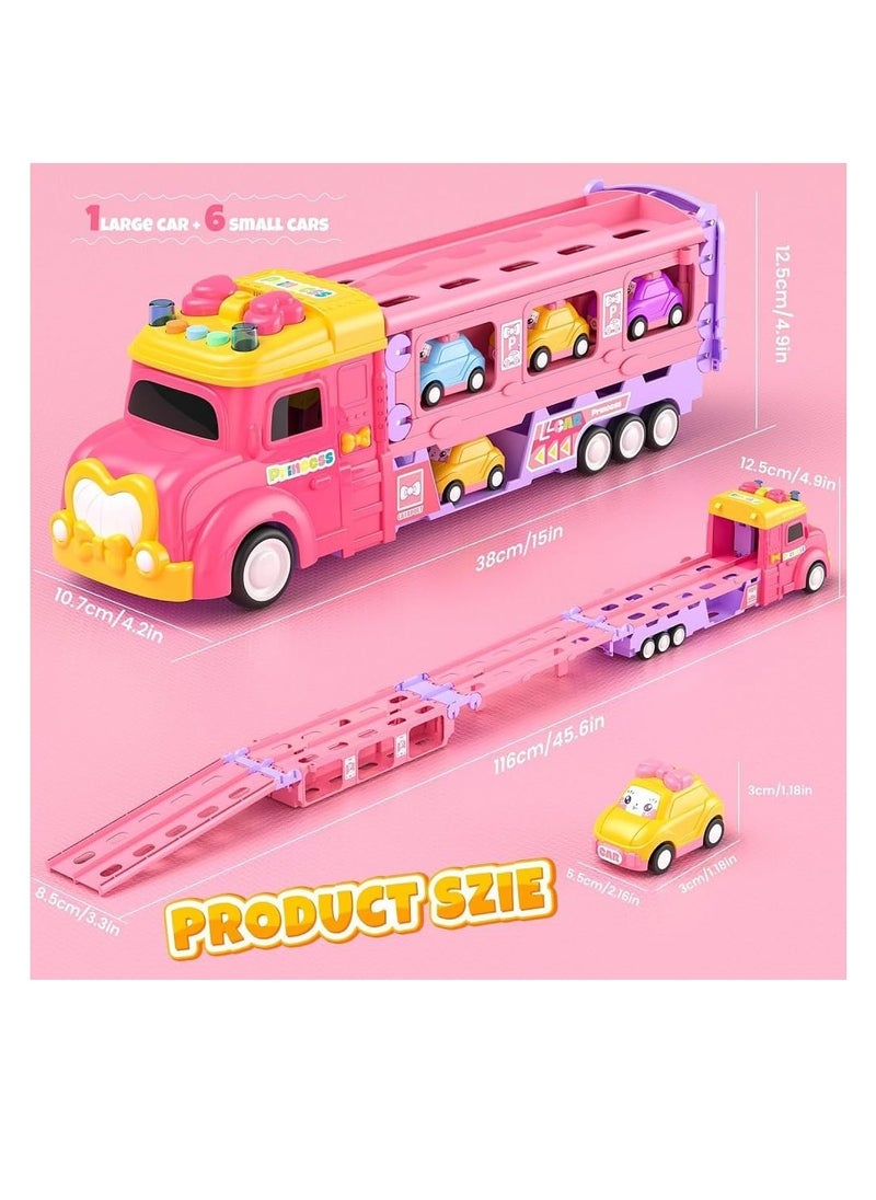 UKR Princess Transformer Transport Truck Toy for Girls Pink Vehicle Set with 6 Mini Cars Foldable Race Track 2 Player Game Light & Sound Push Truck