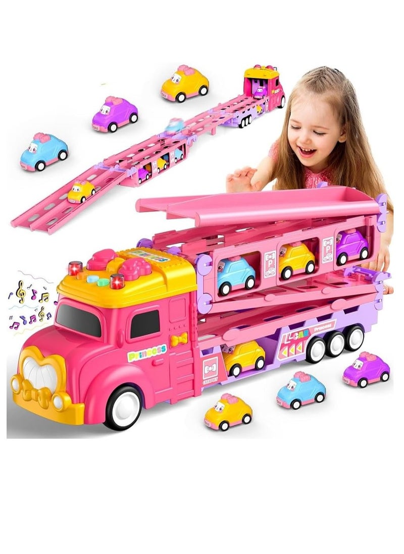 UKR Princess Transformer Transport Truck Toy for Girls Pink Vehicle Set with 6 Mini Cars Foldable Race Track 2 Player Game Light & Sound Push Truck
