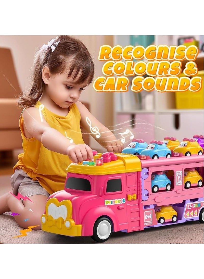 UKR Princess Transformer Transport Truck Toy for Girls Pink Vehicle Set with 6 Mini Cars Foldable Race Track 2 Player Game Light & Sound Push Truck