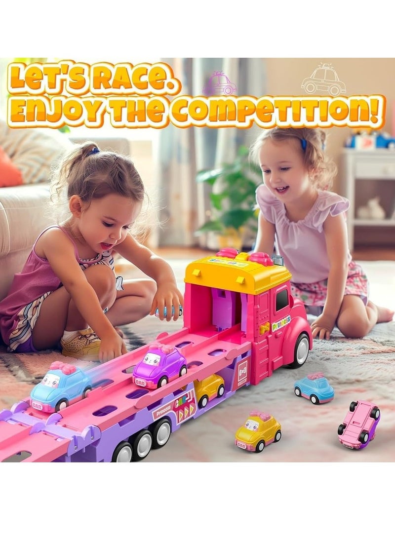 UKR Princess Transformer Transport Truck Toy for Girls Pink Vehicle Set with 6 Mini Cars Foldable Race Track 2 Player Game Light & Sound Push Truck