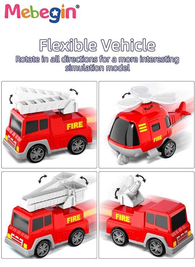 5 in 1 Fire Trucks Set with 6 Mini Friction Power Cars, Truck Toys with Light and Sound, Fire Engine Truck Playset, Designed for Small Hands of Toddlers, Firetruck Rescue Game, Early Education Toy, Ideal Gift for Kids Aged 3+, 3 AA Batteries Required(Not Included)
