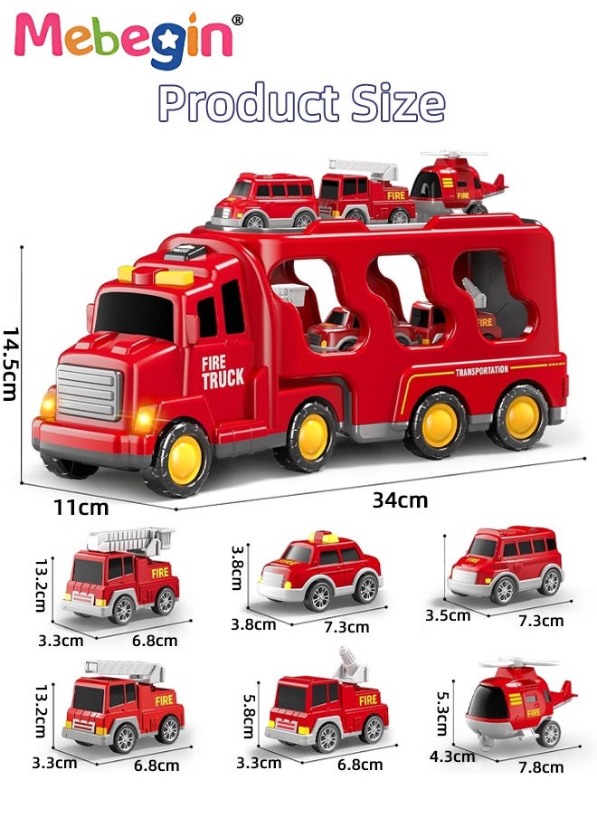 5 in 1 Fire Trucks Set with 6 Mini Friction Power Cars, Truck Toys with Light and Sound, Fire Engine Truck Playset, Designed for Small Hands of Toddlers, Firetruck Rescue Game, Early Education Toy, Ideal Gift for Kids Aged 3+, 3 AA Batteries Required(Not Included)