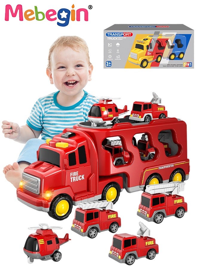 5 in 1 Fire Trucks Set with 6 Mini Friction Power Cars, Truck Toys with Light and Sound, Fire Engine Truck Playset, Designed for Small Hands of Toddlers, Firetruck Rescue Game, Early Education Toy, Ideal Gift for Kids Aged 3+, 3 AA Batteries Required(Not Included)