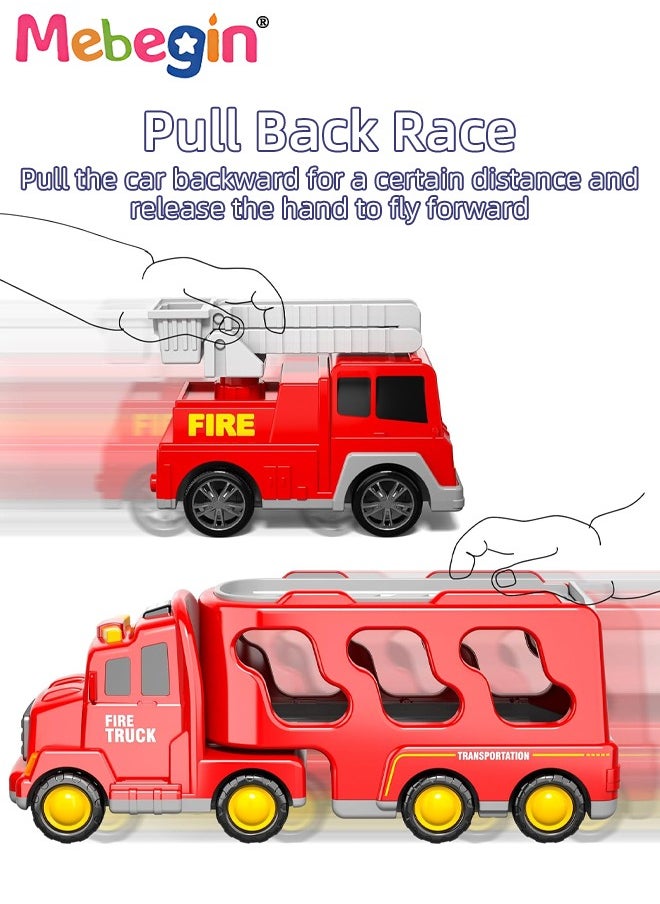 5 in 1 Fire Trucks Set with 6 Mini Friction Power Cars, Truck Toys with Light and Sound, Fire Engine Truck Playset, Designed for Small Hands of Toddlers, Firetruck Rescue Game, Early Education Toy, Ideal Gift for Kids Aged 3+, 3 AA Batteries Required(Not Included)