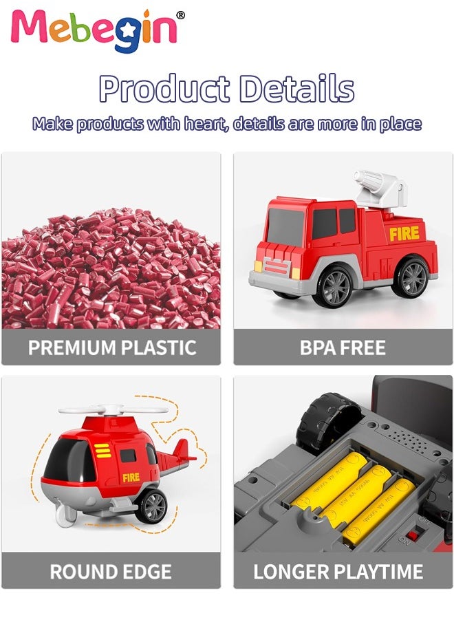 5 in 1 Fire Trucks Set with 6 Mini Friction Power Cars, Truck Toys with Light and Sound, Fire Engine Truck Playset, Designed for Small Hands of Toddlers, Firetruck Rescue Game, Early Education Toy, Ideal Gift for Kids Aged 3+, 3 AA Batteries Required(Not Included)