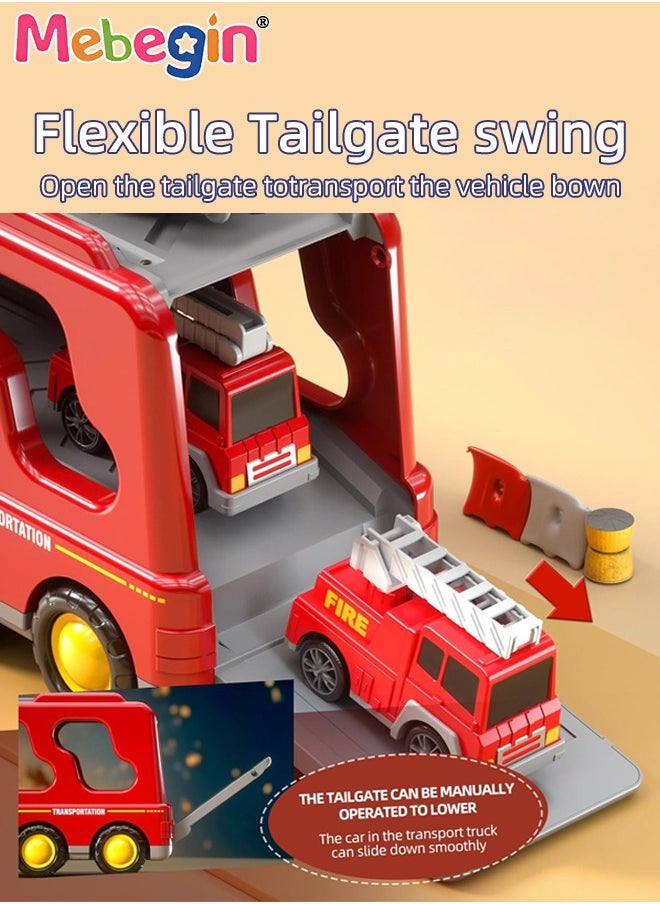 5 in 1 Fire Trucks Set with 6 Mini Friction Power Cars, Truck Toys with Light and Sound, Fire Engine Truck Playset, Designed for Small Hands of Toddlers, Firetruck Rescue Game, Early Education Toy, Ideal Gift for Kids Aged 3+, 3 AA Batteries Required(Not Included)