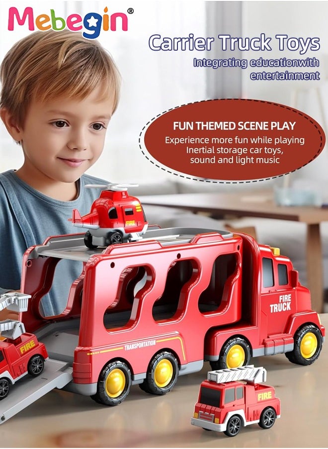 5 in 1 Fire Trucks Set with 6 Mini Friction Power Cars, Truck Toys with Light and Sound, Fire Engine Truck Playset, Designed for Small Hands of Toddlers, Firetruck Rescue Game, Early Education Toy, Ideal Gift for Kids Aged 3+, 3 AA Batteries Required(Not Included)
