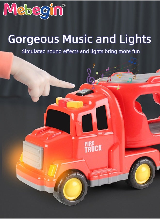5 in 1 Fire Trucks Set with 6 Mini Friction Power Cars, Truck Toys with Light and Sound, Fire Engine Truck Playset, Designed for Small Hands of Toddlers, Firetruck Rescue Game, Early Education Toy, Ideal Gift for Kids Aged 3+, 3 AA Batteries Required(Not Included)