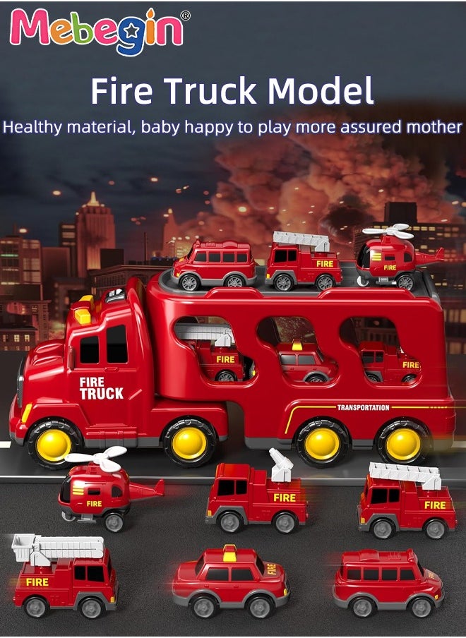 5 in 1 Fire Trucks Set with 6 Mini Friction Power Cars, Truck Toys with Light and Sound, Fire Engine Truck Playset, Designed for Small Hands of Toddlers, Firetruck Rescue Game, Early Education Toy, Ideal Gift for Kids Aged 3+, 3 AA Batteries Required(Not Included)