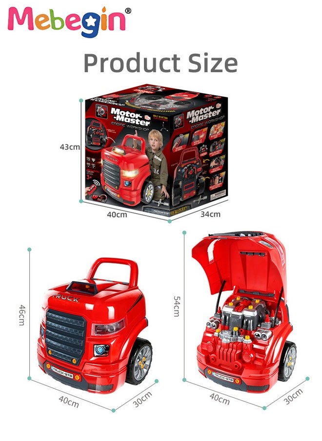 Large Truck Engine Toy, Kids Mechanic Repair Set, Big Truck Builder Kit, Mechanic Workshop Set with Light and Sound, Take Apart Motor Vehicle Toy, Simulation Car Service Station, Creative Educational Toy, Ideal Gift for Kids Aged 3+, 3 AA Batteries Required(Not Included), 40*30*46cm