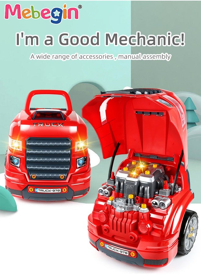 Large Truck Engine Toy, Kids Mechanic Repair Set, Big Truck Builder Kit, Mechanic Workshop Set with Light and Sound, Take Apart Motor Vehicle Toy, Simulation Car Service Station, Creative Educational Toy, Ideal Gift for Kids Aged 3+, 3 AA Batteries Required(Not Included), 40*30*46cm