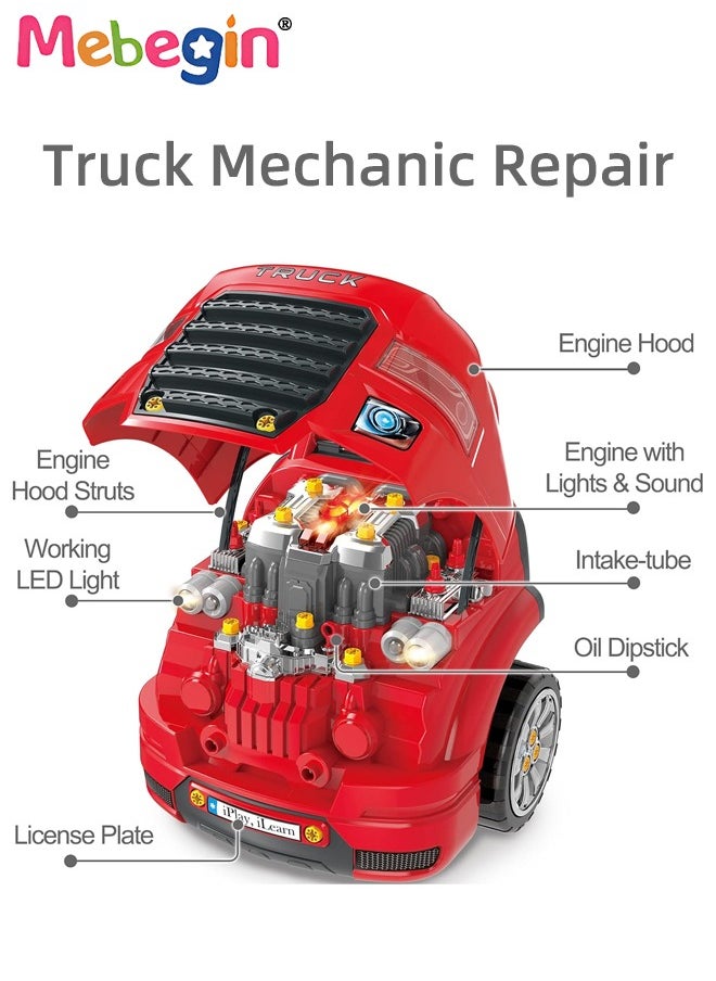Large Truck Engine Toy, Kids Mechanic Repair Set, Big Truck Builder Kit, Mechanic Workshop Set with Light and Sound, Take Apart Motor Vehicle Toy, Simulation Car Service Station, Creative Educational Toy, Ideal Gift for Kids Aged 3+, 3 AA Batteries Required(Not Included), 40*30*46cm