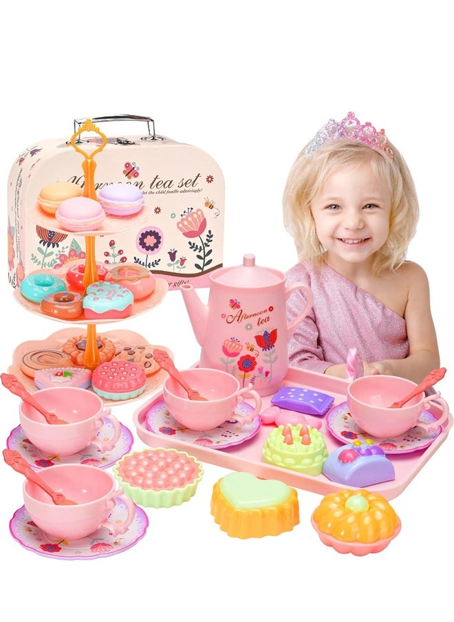 Tea Party Set, 42 Pcs Toddler Kitchen Tea Set for Little Girls, Pink Princess Afternoon Tea Time Toys with Carrying Case, Pretend Toys for 3-10 Years Old Girls Kids Tea Party Birthday Gift