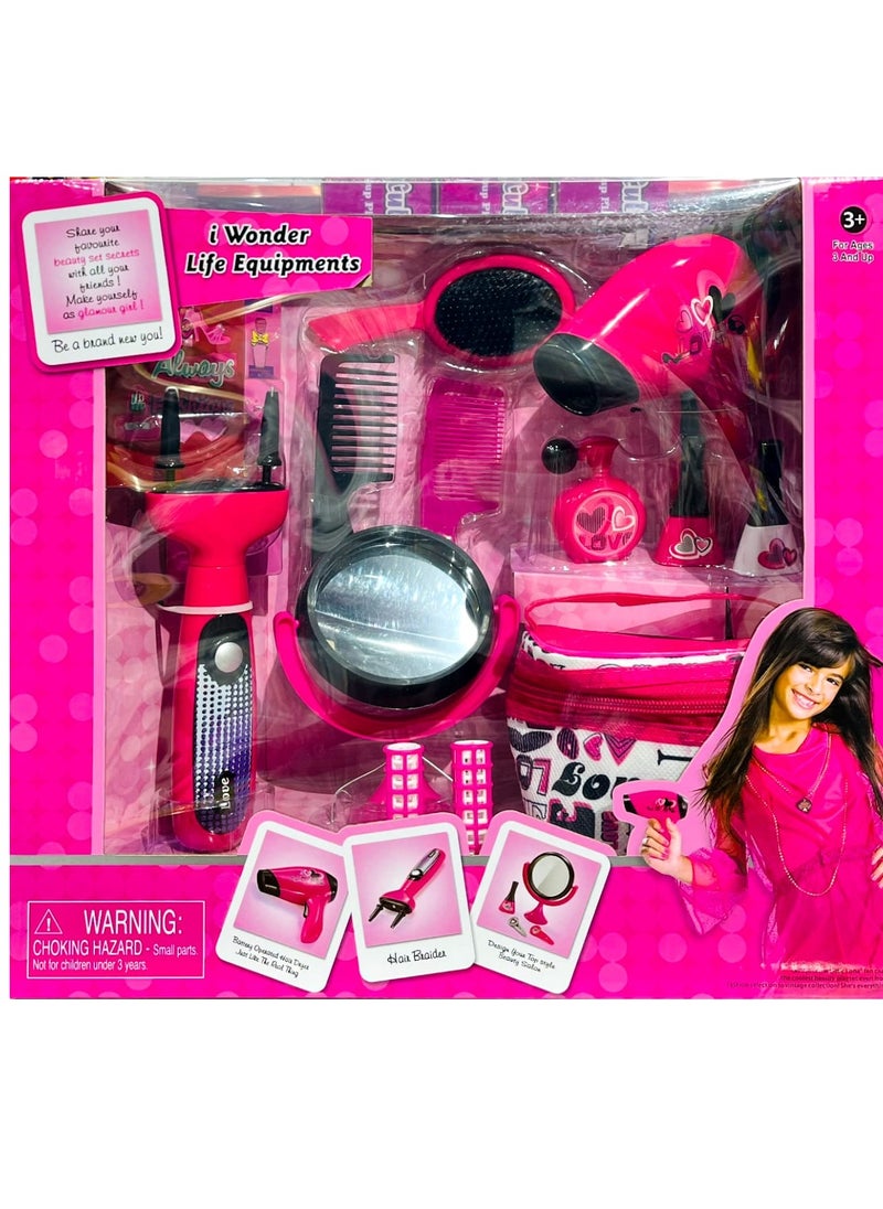 Hairdressing and Make Up Bag Beauty Set Girls Styling Makeup Hair Accessories Playset Including Game Hair Dryer and Curler