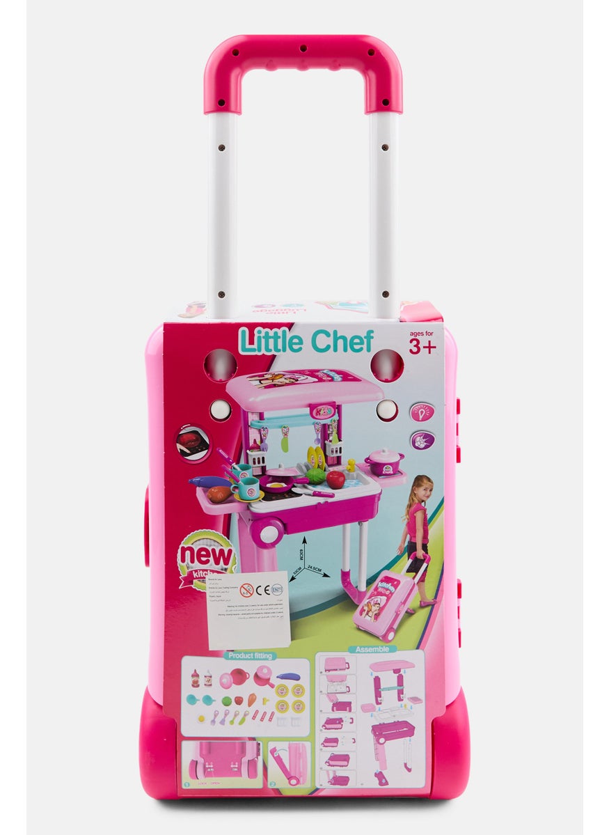 2 in 1 Kitchen Play Set with Suitcase Trolley, Pink Combo