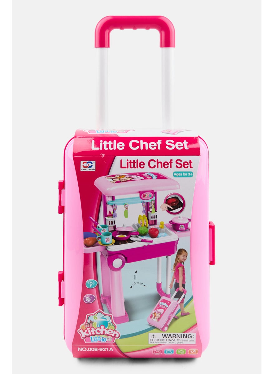 2 in 1 Kitchen Play Set with Suitcase Trolley, Pink Combo