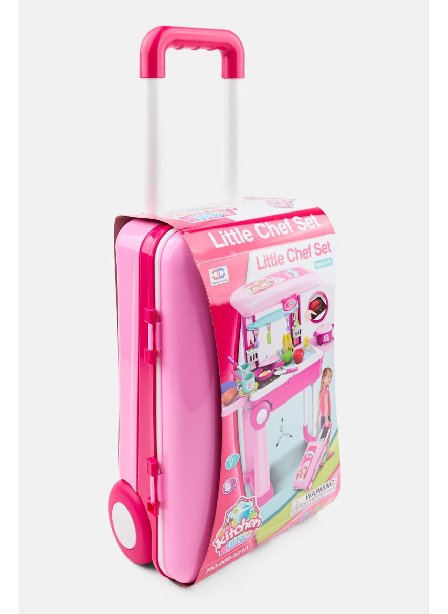 2 in 1 Kitchen Play Set with Suitcase Trolley, Pink Combo