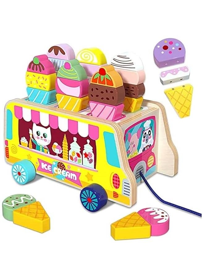 Wooden Ice Cream Toy for Toddlers - Montessori Toy for Toddler, Pretend Play Food Toys Ice Cream Truck Toys Gift for 3+ Year Old Boys Girls