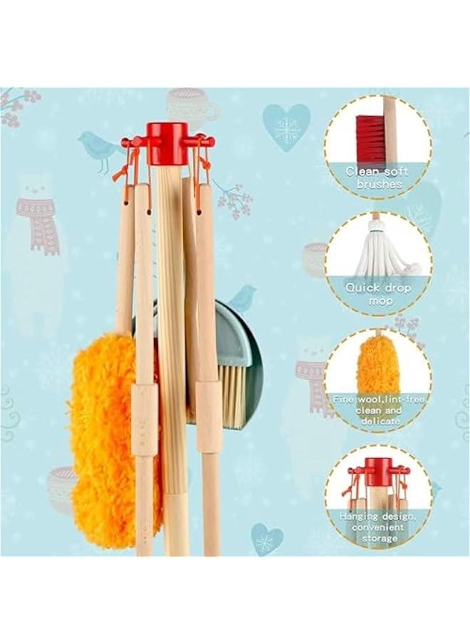 Kids Cleaning Toy Set, 9 Piece Wooden Detachable Children Cleaning Toys - Broom, Mop, Duster, Brush, Dustpan, Bucket, Dish Cloth, and Hanging Stand Housekeeping Kit