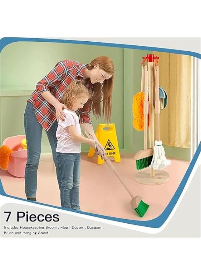 Kids Cleaning Toy Set, 9 Piece Wooden Detachable Children Cleaning Toys - Broom, Mop, Duster, Brush, Dustpan, Bucket, Dish Cloth, and Hanging Stand Housekeeping Kit