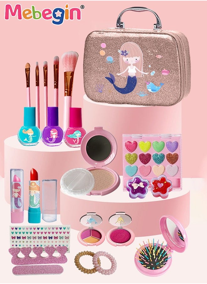 Girls Makeup Kit with Storage Case, Washable Cosmetic Set, Pretend Makeup Beauty Set with 9 Color Eyeshadow Compact, Pressed Powder, 5 Makeup Brushes and Other Accessaries, Made from Non-toxic Water-soluble Gentle Ingredients on Delicate Skin, Ideal Gift for Girls