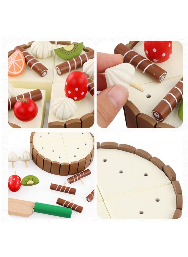 Wooden Birthday Cake Toy   Kids Magnetic Dessert Toy with Cutting Knife, Fruit Toppings, Chocolate and Vanilla Swirls Fun Kitchen Pretend Play Food Party, Cooking Cutter Set, Educational Gift