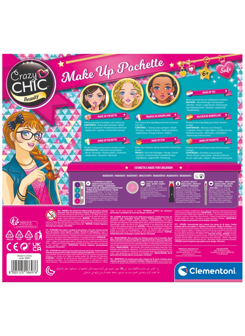 Clementoni Crazy Chic  Pochette Make Up | Make Up Toy Kit | Do it Youself | Pretend Play | Arts & Crafts | Easy to Use | Develops Fine Motor Skills & Creativity | Colorful | Fashionable | Perfect Gift for Fashion Lovers!