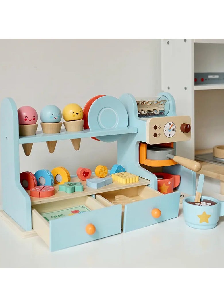 Luxury Wooden Coffee & Ice Cream Counter Playset for Kids - Pretend Play Kitchen Toy with Accessories, Perfect for Early Education and Role-Playing Fun, 46.5x25x16 cm, 4kg