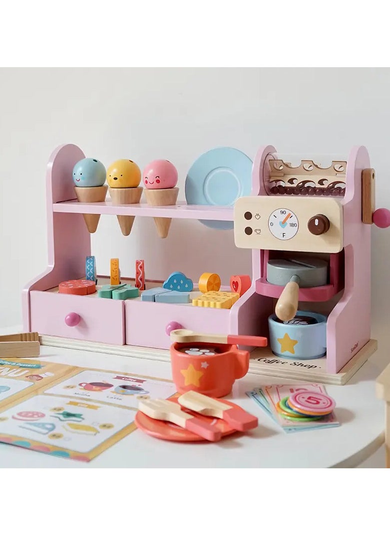 Luxury Wooden Coffee & Ice Cream Counter Playset for Kids - Pretend Play Kitchen Toy with Accessories, Perfect for Early Education and Role-Playing Fun, 46.5x25x16 cm, 4kg