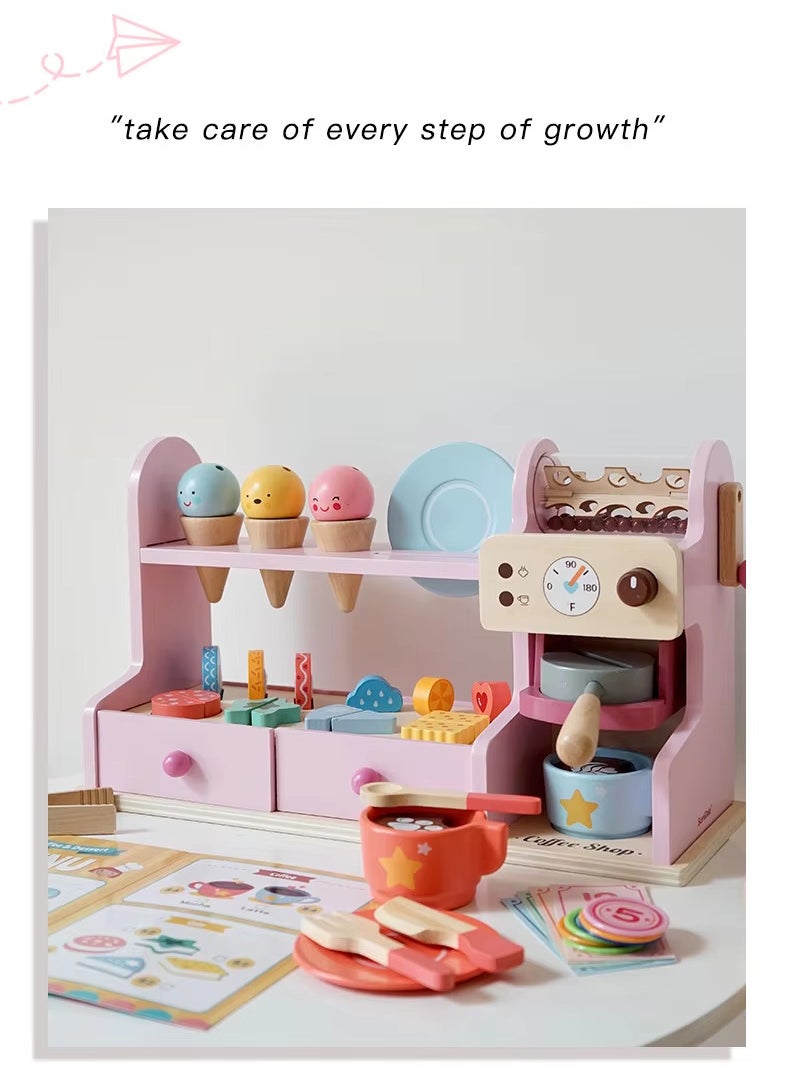 Luxury Wooden Coffee & Ice Cream Counter Playset for Kids - Pretend Play Kitchen Toy with Accessories, Perfect for Early Education and Role-Playing Fun, 46.5x25x16 cm, 4kg