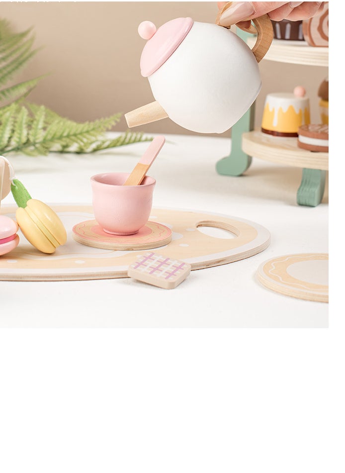 Luxury Wooden Afternoon Tea Playset for Kids - Pretend Play Dessert and Tea Party Set with Cakes, Cupcakes, Teapot, and Accessories, 30x17.5x16.5 cm, 1.25 KG