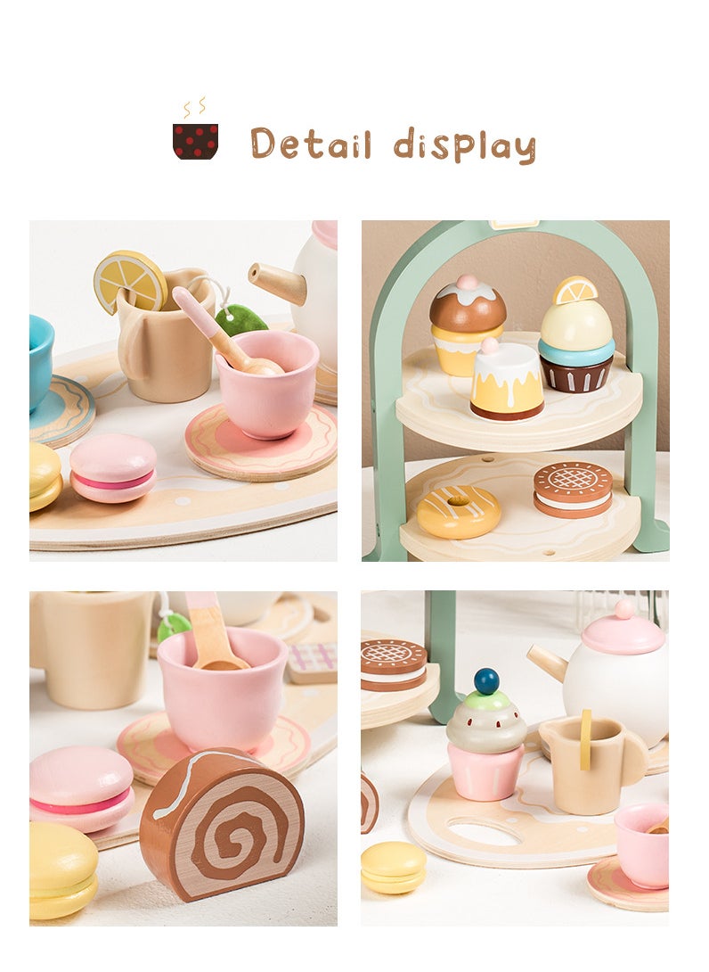 Luxury Wooden Afternoon Tea Playset for Kids - Pretend Play Dessert and Tea Party Set with Cakes, Cupcakes, Teapot, and Accessories, 30x17.5x16.5 cm, 1.25 KG