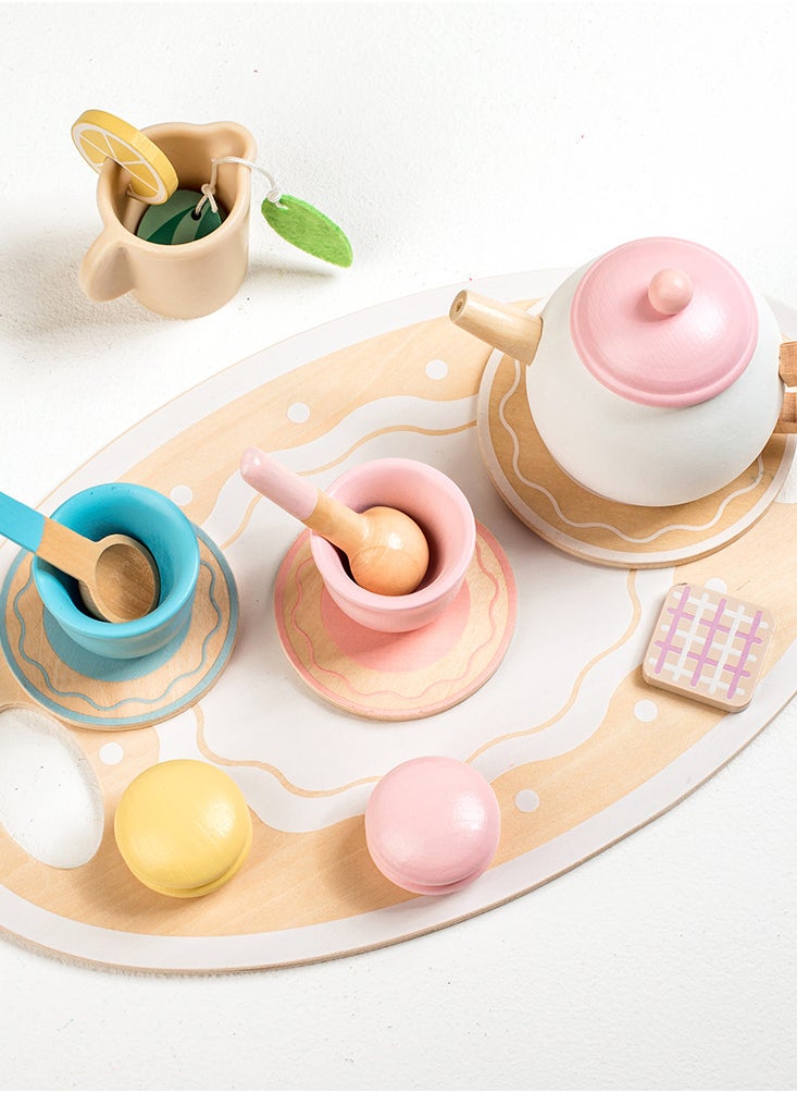 Luxury Wooden Afternoon Tea Playset for Kids - Pretend Play Dessert and Tea Party Set with Cakes, Cupcakes, Teapot, and Accessories, 30x17.5x16.5 cm, 1.25 KG