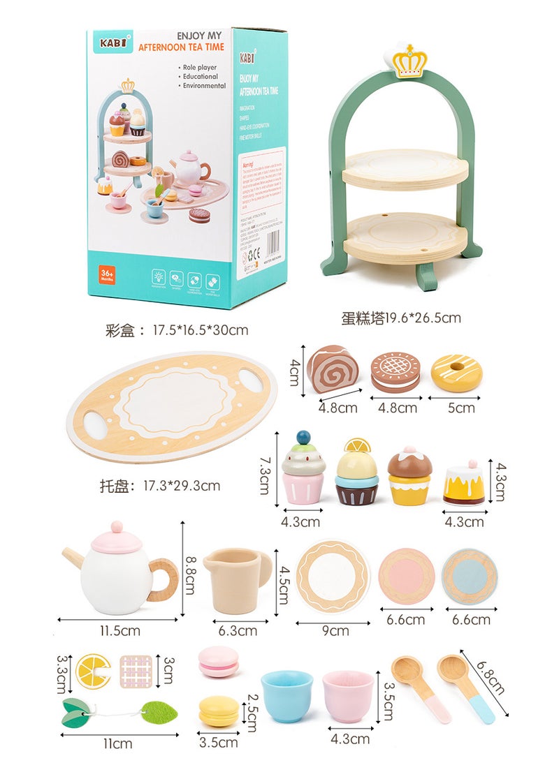 Luxury Wooden Afternoon Tea Playset for Kids - Pretend Play Dessert and Tea Party Set with Cakes, Cupcakes, Teapot, and Accessories, 30x17.5x16.5 cm, 1.25 KG