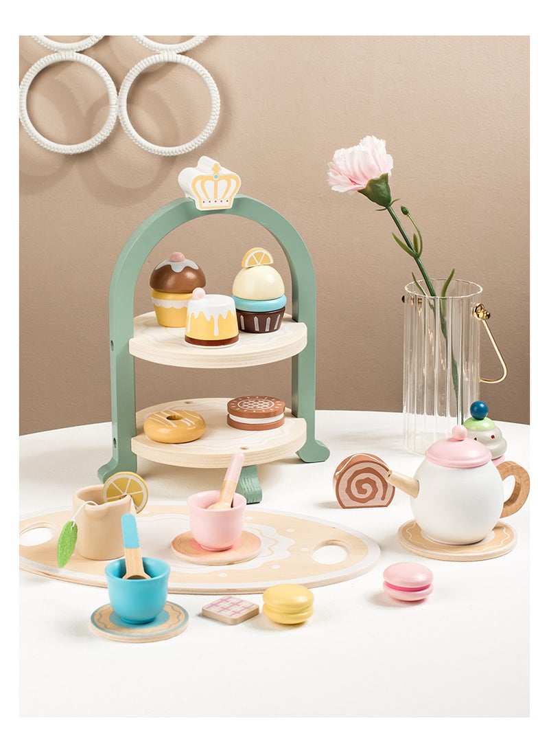 Luxury Wooden Afternoon Tea Playset for Kids - Pretend Play Dessert and Tea Party Set with Cakes, Cupcakes, Teapot, and Accessories, 30x17.5x16.5 cm, 1.25 KG