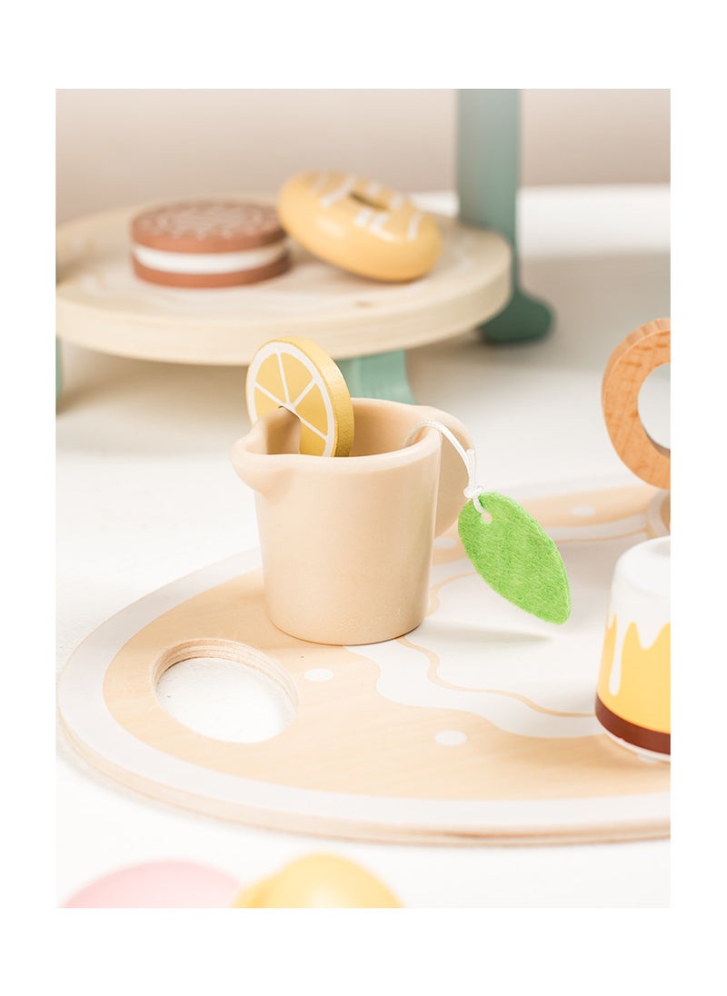 Luxury Wooden Afternoon Tea Playset for Kids - Pretend Play Dessert and Tea Party Set with Cakes, Cupcakes, Teapot, and Accessories, 30x17.5x16.5 cm, 1.25 KG