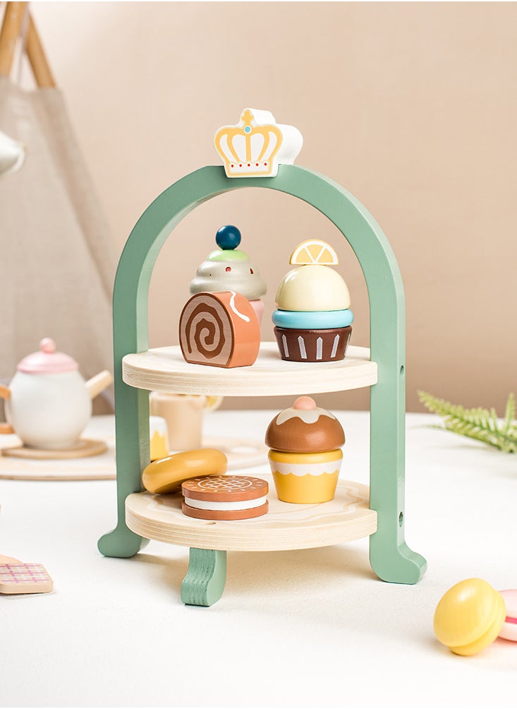 Luxury Wooden Afternoon Tea Playset for Kids - Pretend Play Dessert and Tea Party Set with Cakes, Cupcakes, Teapot, and Accessories, 30x17.5x16.5 cm, 1.25 KG