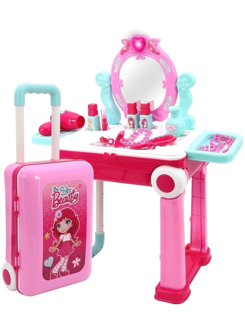 Beauty Playset 2 in 1 Vanity Mirror Makeup Suitcase Trolley, With Lights & Sound - Multicolour