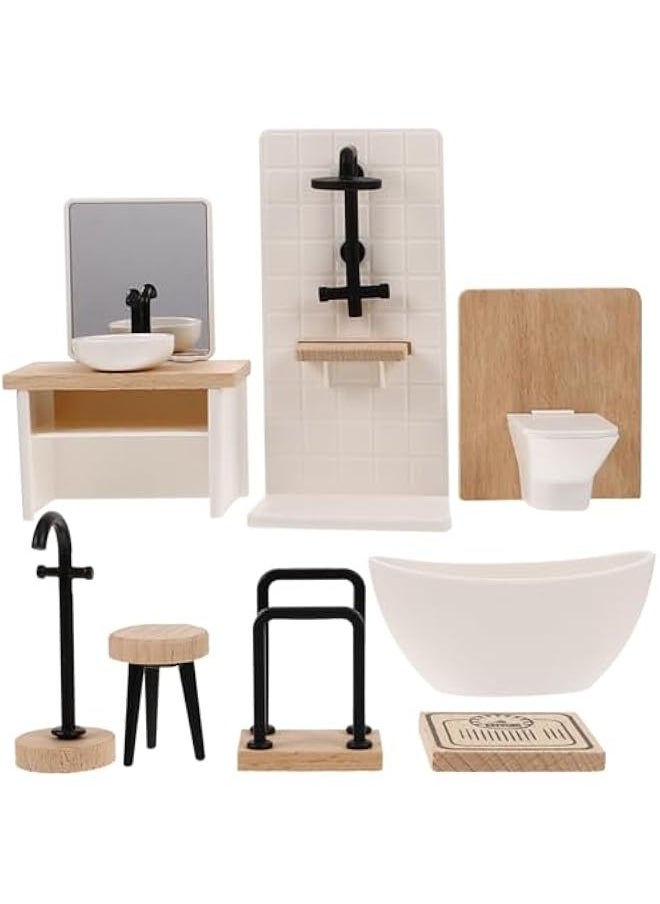 8pcs Dollhouse Bathroom Set: 1 12 Scale Dollhouse Toilet Bathtub Basin Wooden Bathroom Cabinet with Sink Miniature Furniture for Doll Bathroom Accessories