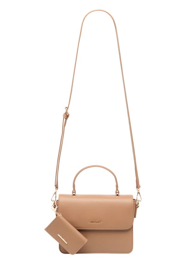 Women Solid Satchel Bag with Detachable Strap and Wallet