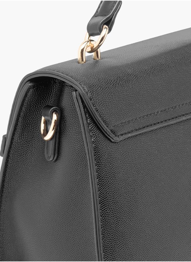 Women Solid Satchel Bag with Detachable Strap and Flap Closure