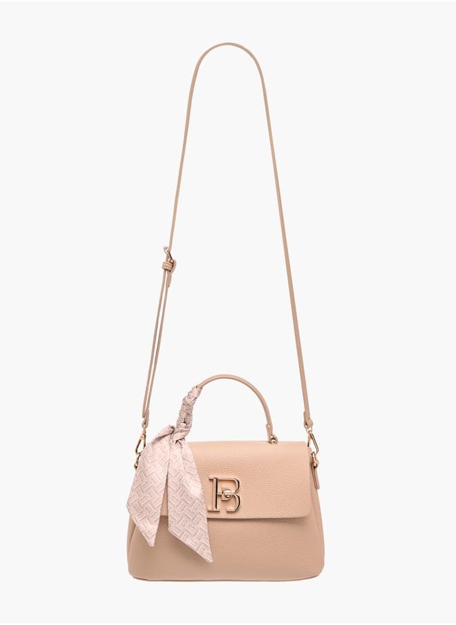 Womens Textured Satchel Bag With Twist Lock Closure And Scarf Detail