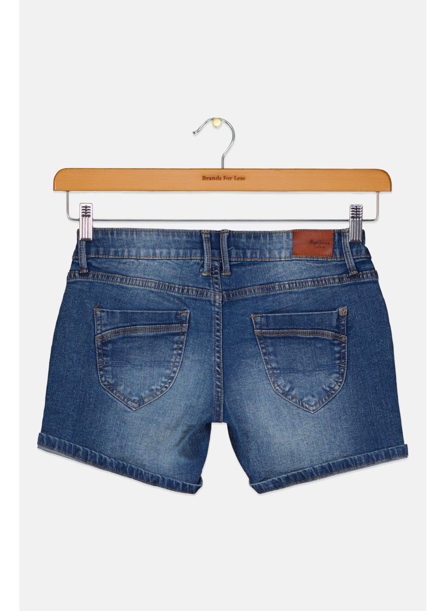 Kids Girl Washed Denim Shorts, Blue