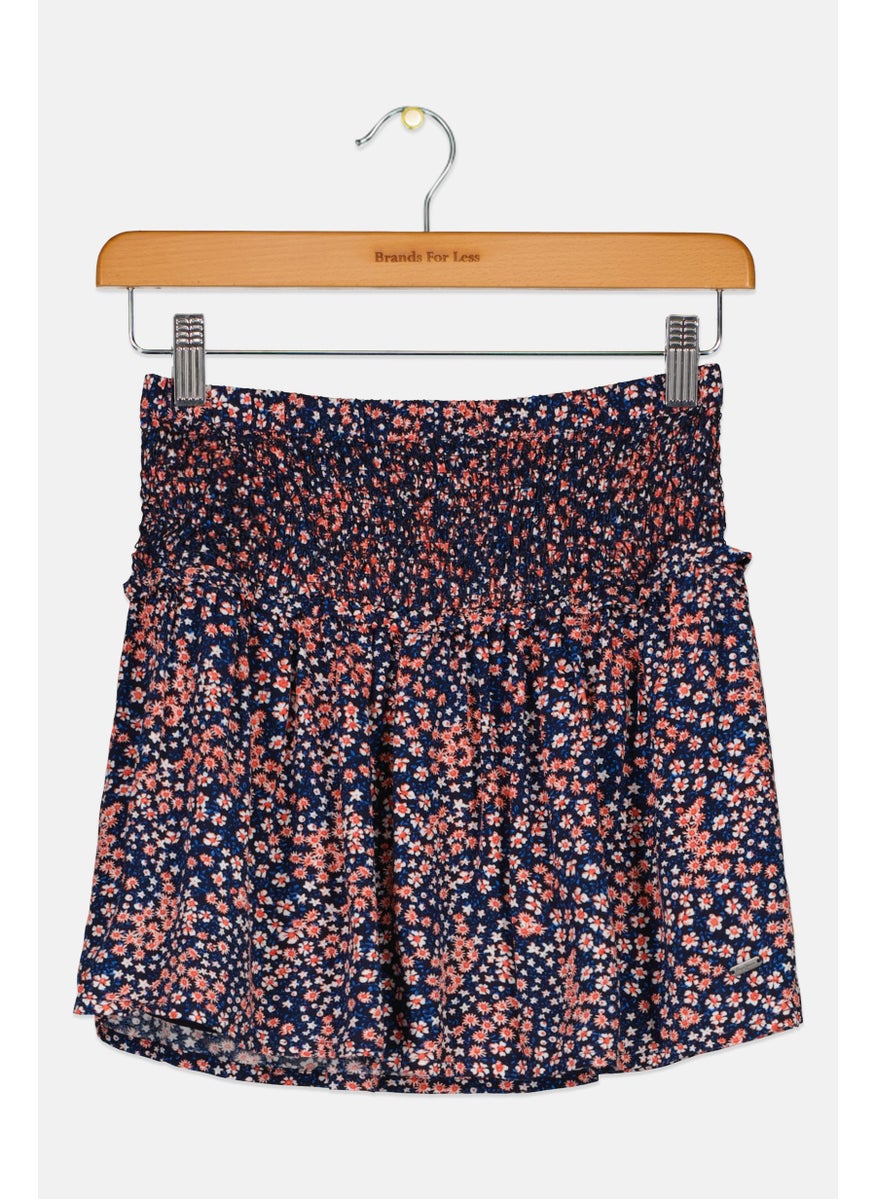 Kids Girl Floral Print Skirts, Navy Blue Combo