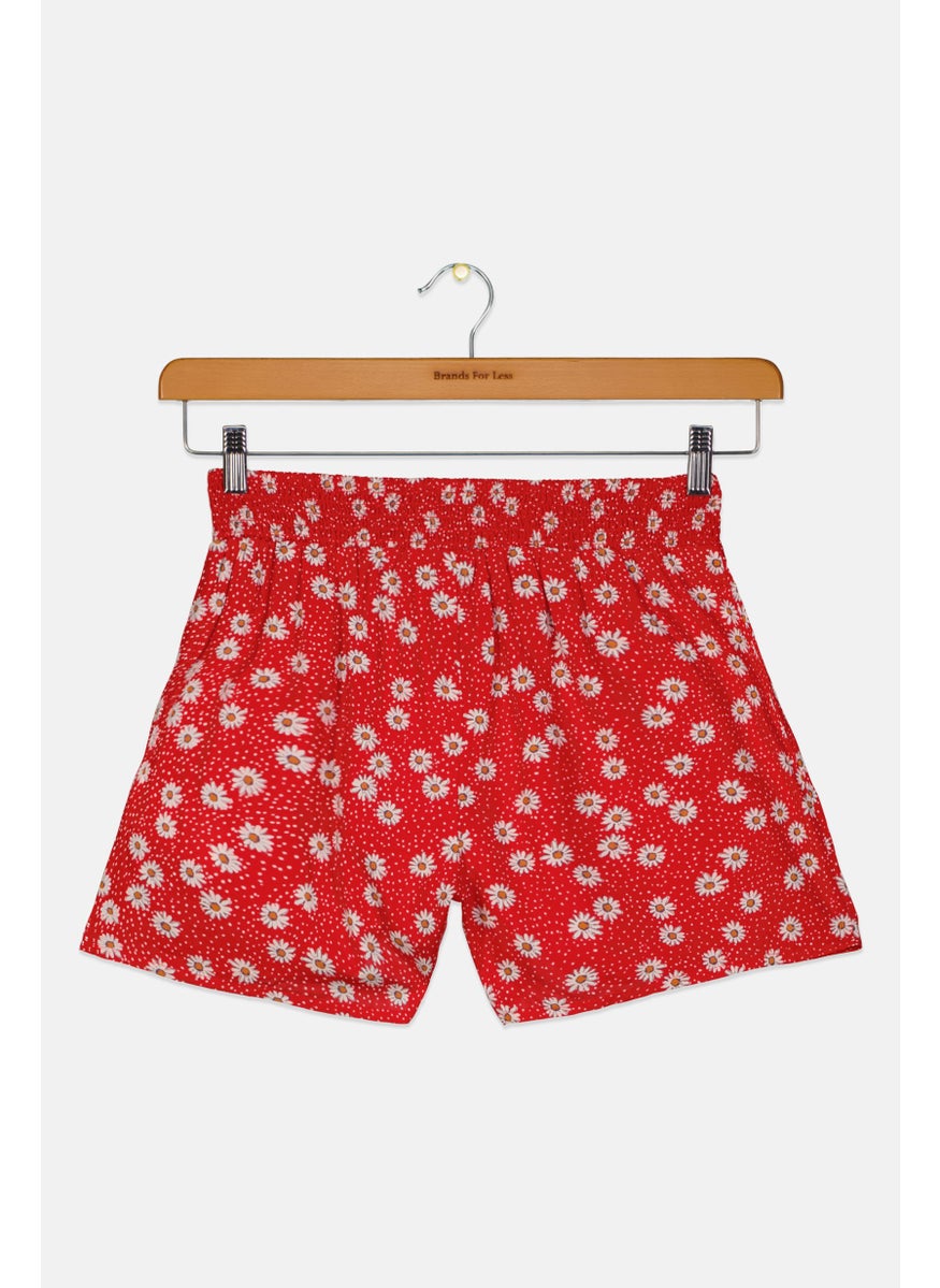 Kids Girl Floral Print Pull On Shorts, Red