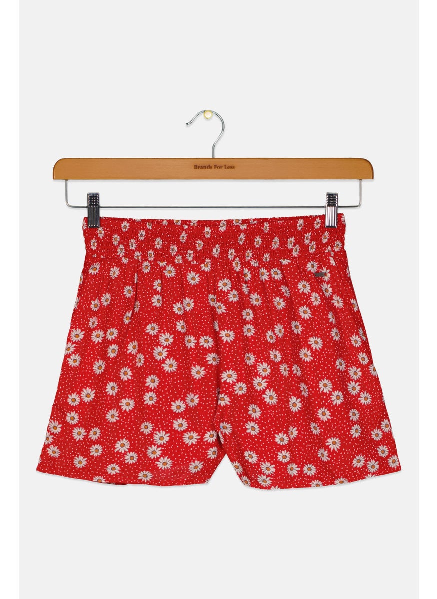 Kids Girl Floral Print Pull On Shorts, Red