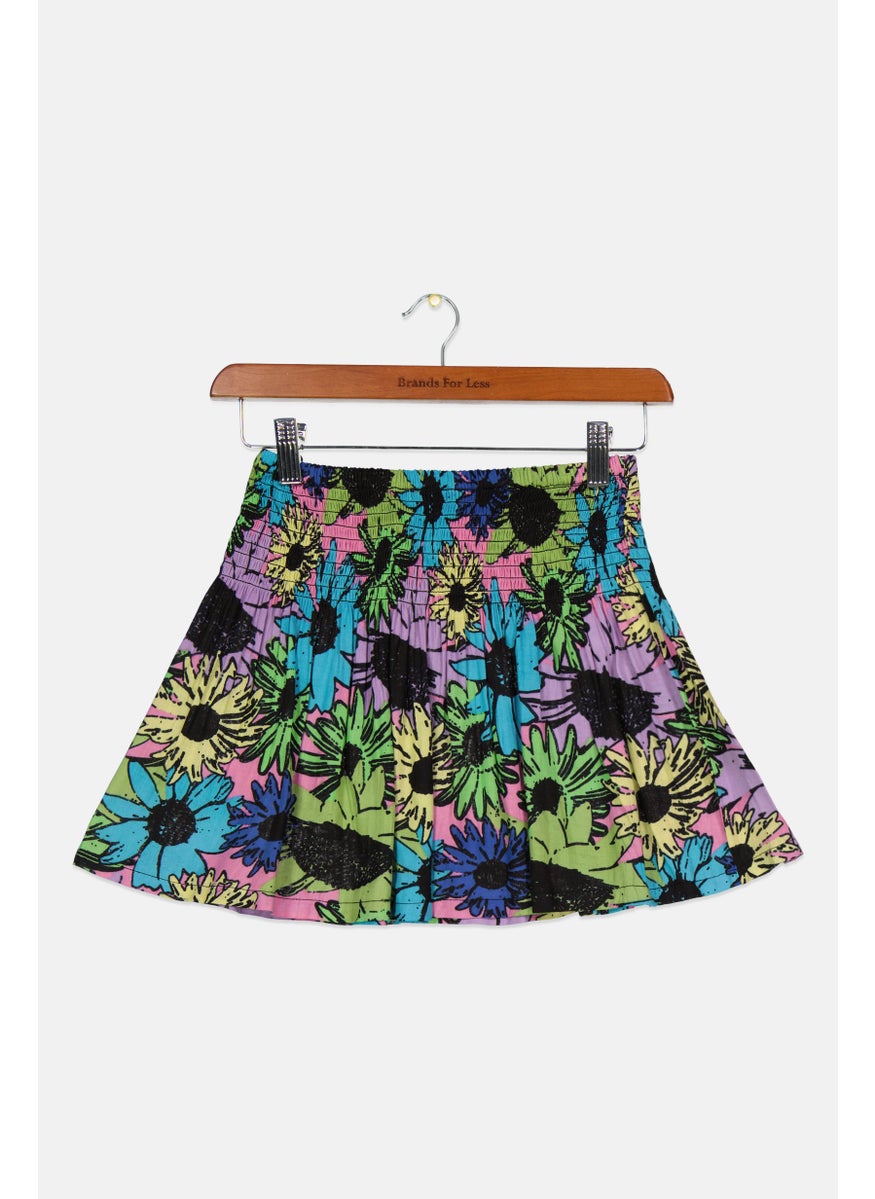 Kids Girl Floral Print Mini Skirt, Blue