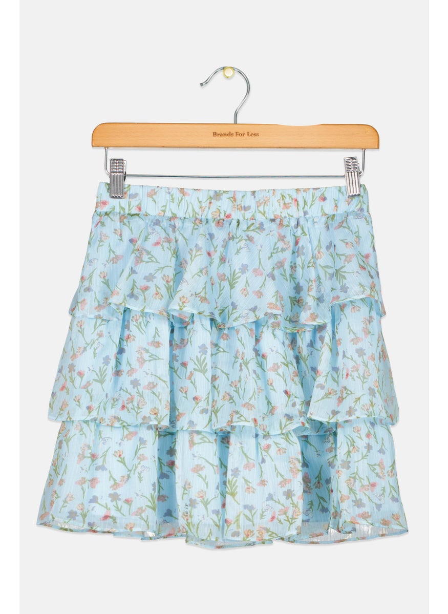 Kids Girl Floral Print Mini Skirt, Sky Blue Combo