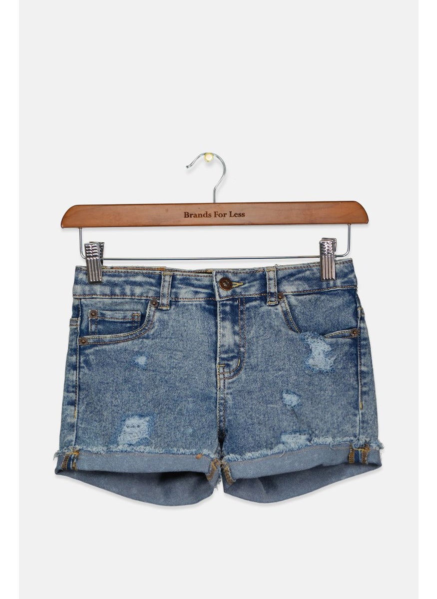 Kids Girl Washed Ripped Denim Short, Blue