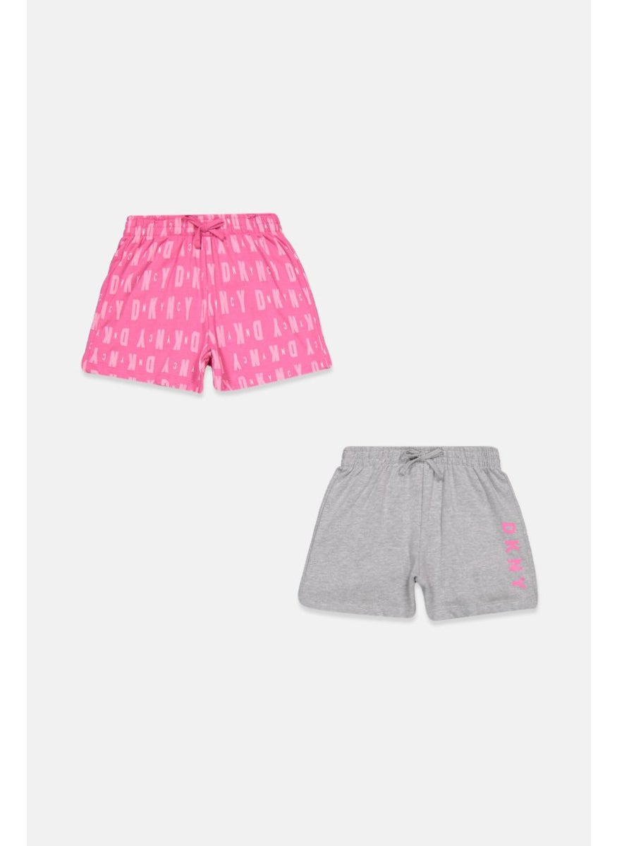 Kids Girl 2 Piece Brand Logo Short Set, Pink and Grey